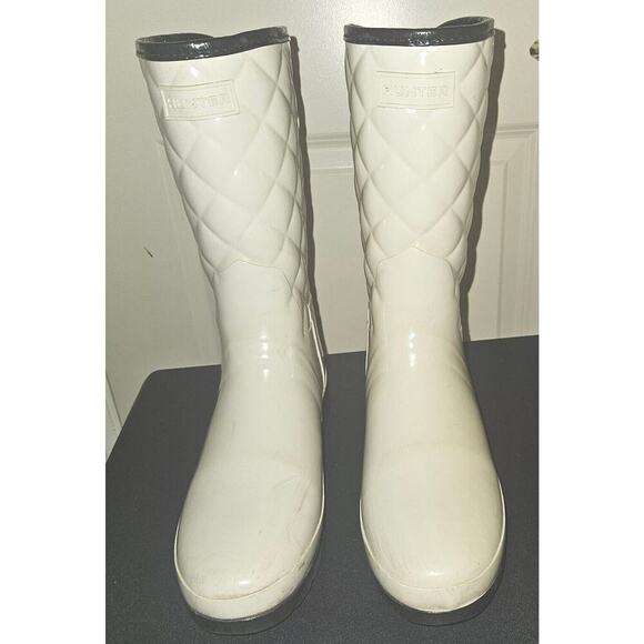 HUNTER Refined Gloss Quilted Rubber Rain Boots Mid Calf US 7 EU 36 Cream - Picture 2 of 15